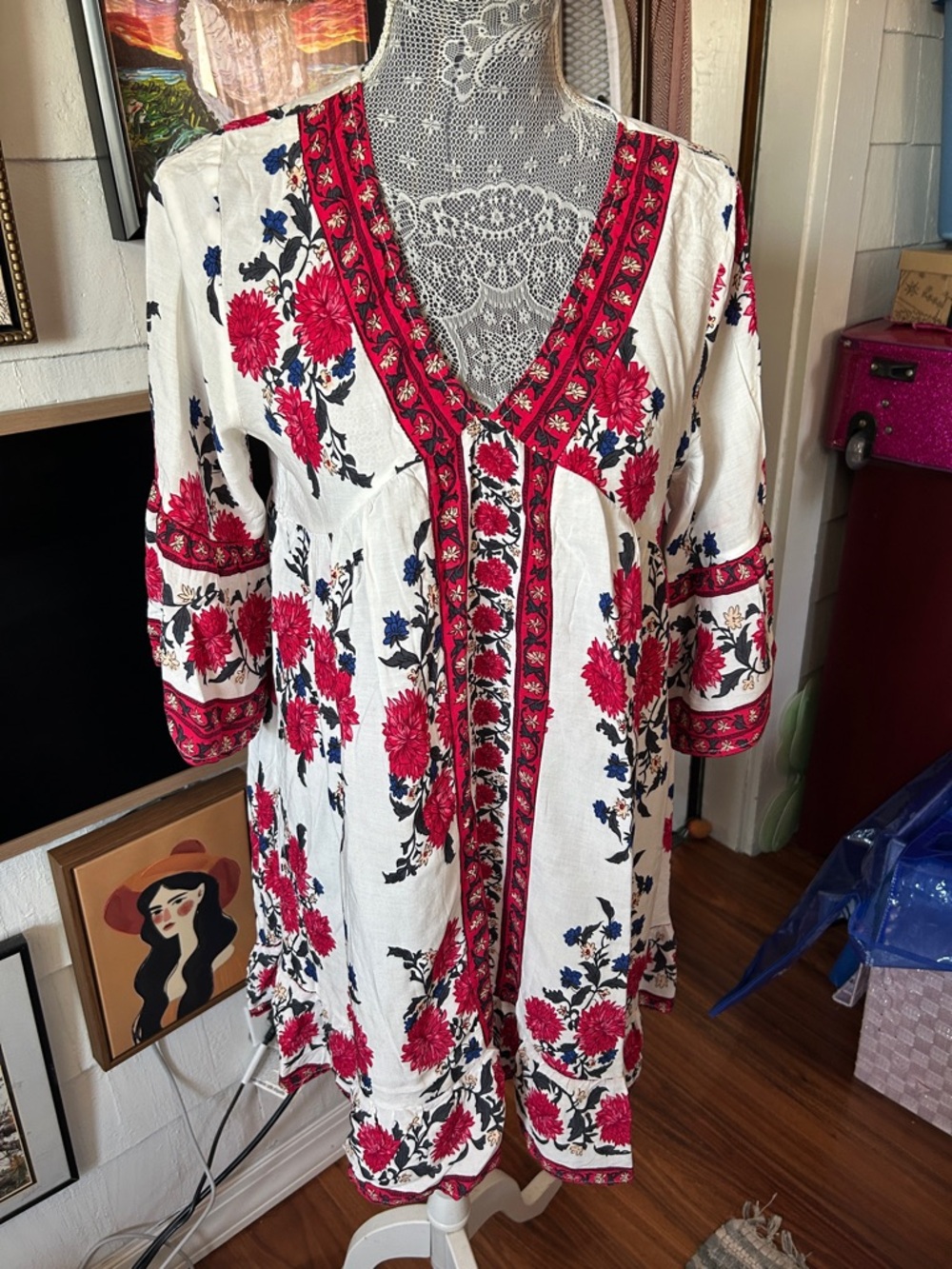 White Floral V-Neck Tunic with Pink Floral Trim